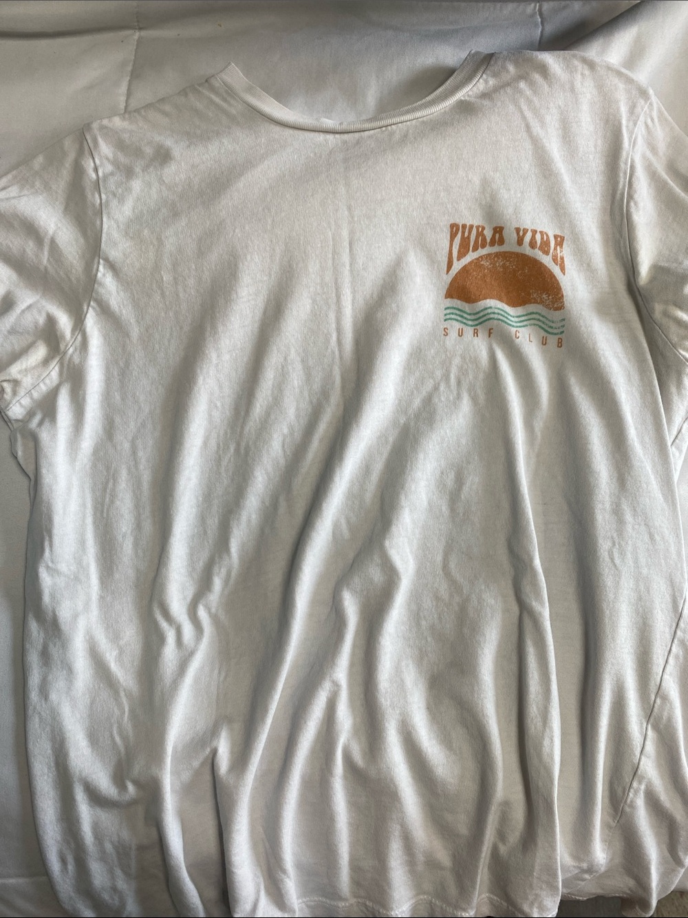 Pura Vida White Tee with Orange Sun and Teal Wave Graphic